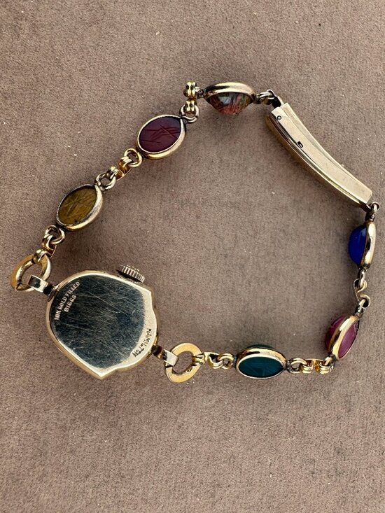 Vintage 1950s Hamilton Watch 10K GF with Carved Gem Scarabs Triangular Dial